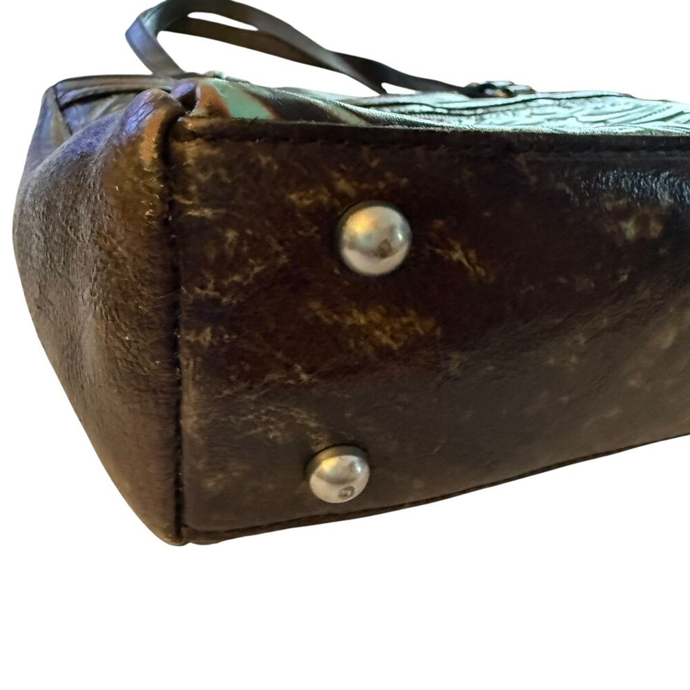 Patricia Nash Poppy Top Zip Tote Turquoise Embossed Leather Floral Design 14x10 - Picture 10 of 16